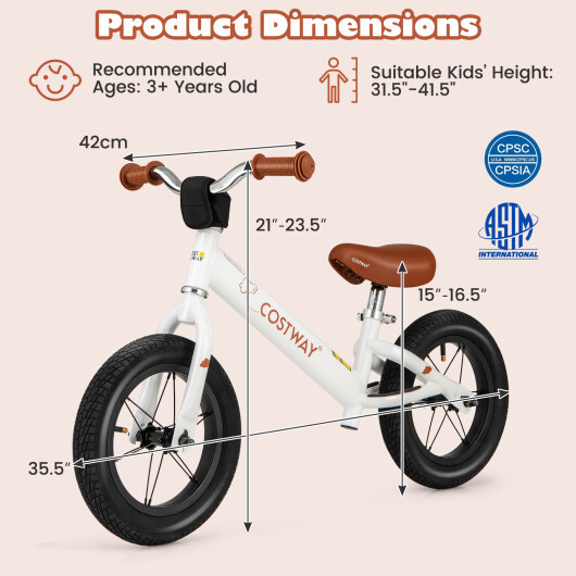 12 Inch Toddler Balance Bike with Height Adjustable Handlebar and Seat-White - Color: White - Image 4