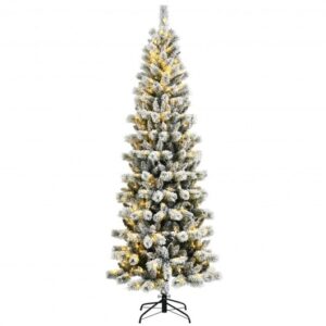 8 Feet Pre-Lit Hinged Snow Flocked Christmas Tree with Remote Control - Color: White - Size: 8 ft