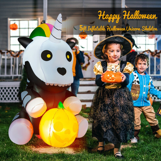 5 Feet Halloween Inflatable Unicorn Skeleton with Pumpkin Lantern - Color: Black & White - Image 3