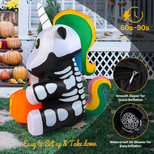 5 Feet Halloween Inflatable Unicorn Skeleton with Pumpkin Lantern - Color: Black & White - Image 5