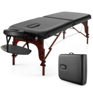 Folding Massage Table with Height-adjustable Beech Wood Frame-Black - Color: Black