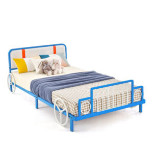 Twin Size Kids Bed Frame Car Shaped Metal Platform Bed with Upholstered Headboard - Color: Blue