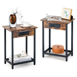 2 Pieces Bedside Nightstand Set with Open Shelf and Charging Station-Rustic Brown - Color: Rustic Brown
