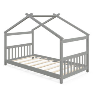 Twin Size Wooden House Bed with Roof-Gray - Color: Gray