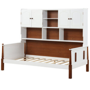 Twin Bed with Bookcase with Shelves and  Wooden Slat Support No Box Spring Needed for Living Room Bedroom-White - Color: White