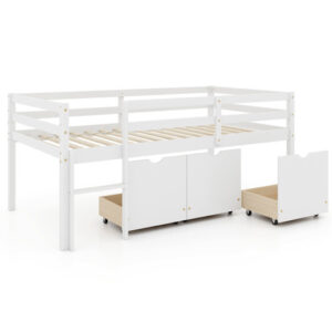 Twin Size Low Loft Bed with 3 Drawers with Ladder and Full-length Guardrails-White - Color: White