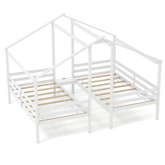 Double Twin Size Wooden Bed Frames with Built-in Table for Kids-White - Color: White - Size: Twin Size