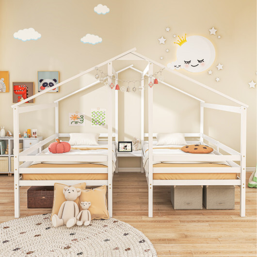 Double Twin Size Wooden Bed Frames with Built-in Table for Kids-White - Color: White - Size: Twin Size - Image 2