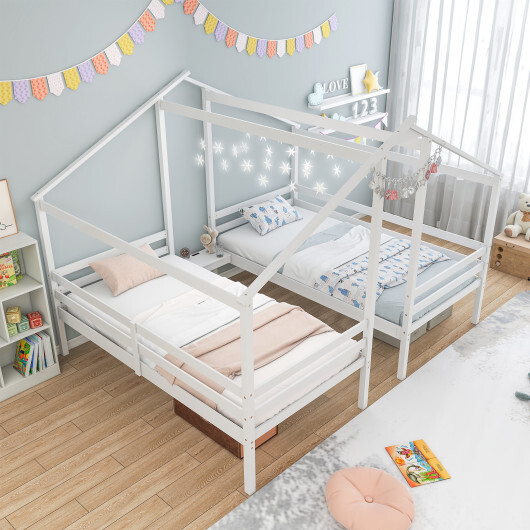Double Twin Size Wooden Bed Frames with Built-in Table for Kids-White - Color: White - Size: Twin Size - Image 3