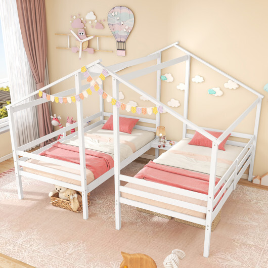 Double Twin Size Wooden Bed Frames with Built-in Table for Kids-White - Color: White - Size: Twin Size - Image 5