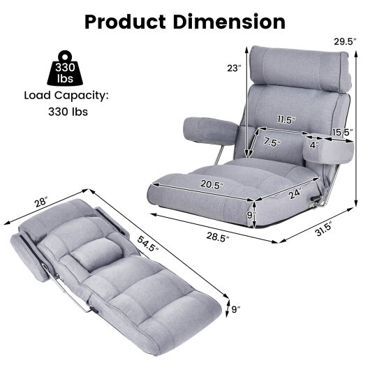 Adjustable Folding Sofa Chair with 6 Position Stepless Back-Gray - Color: Gray - Image 3