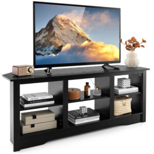 58 Inch TV Stand with 6 Open Storage Shelves for TVs up to 65 Inches-Black - Color: Black