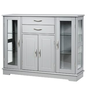 Sideboard Buffet Server Storage Cabinet with 2 Drawers and Glass Doors-Gray - Color: Gray