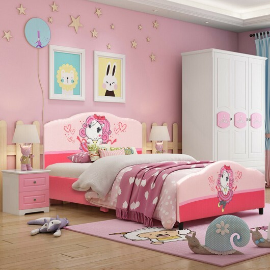 Kids Children Upholstered Platform Toddler Girl Pattern Bed - Color: Pink - Size: Twin Size - Image 2