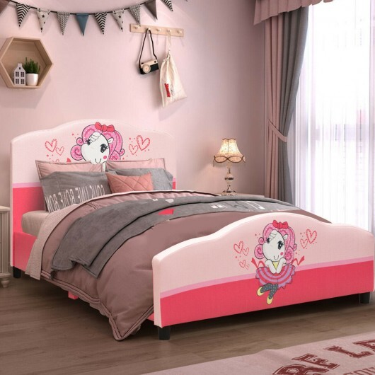 Kids Children Upholstered Platform Toddler Girl Pattern Bed - Color: Pink - Size: Twin Size - Image 3