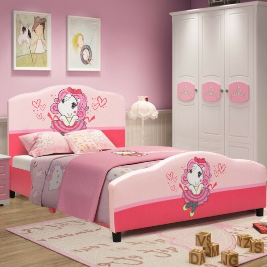 Kids Children Upholstered Platform Toddler Girl Pattern Bed - Color: Pink - Size: Twin Size - Image 4