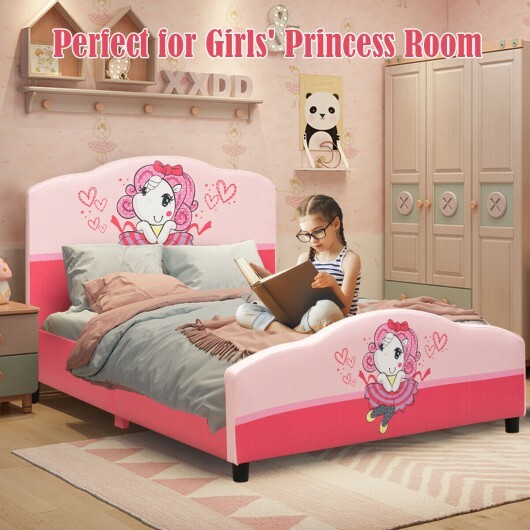 Kids Children Upholstered Platform Toddler Girl Pattern Bed - Color: Pink - Size: Twin Size - Image 5