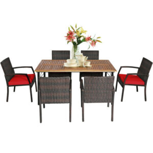 7Pcs Patio Rattan Cushioned Dining Set with Umbrella Hole-Red - Color: Red