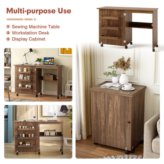 Folding Sewing Craft Table Shelf Storage Cabinet Home Furniture-Brown - Color: Brown - Image 3