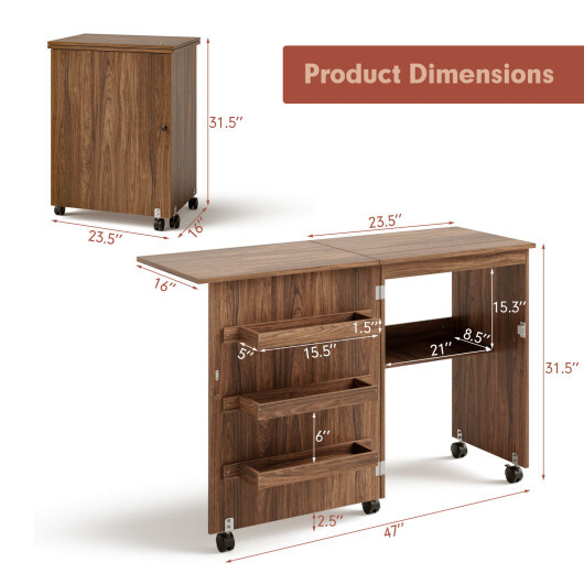 Folding Sewing Craft Table Shelf Storage Cabinet Home Furniture-Brown - Color: Brown - Image 4