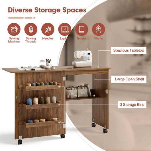 Folding Sewing Craft Table Shelf Storage Cabinet Home Furniture-Brown - Color: Brown - Image 5
