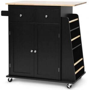 Rubber Wood Countertop Rolling Kitchen Island Cart-Black - Color: Black
