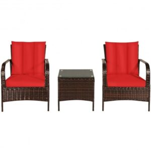 3 Pcs Patio Conversation Rattan Furniture Set with Glass Top Coffee Table and Cushions-Red - Color: Red