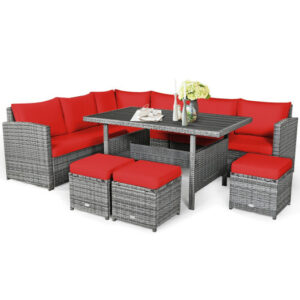 7 Pieces Patio Rattan Dining Furniture Sectional Sofa Set with Wicker Ottoman-Red - Color: Red