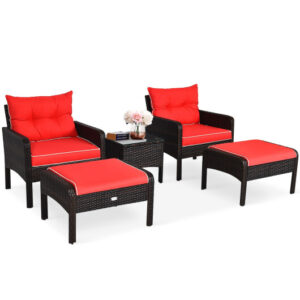 5 Pieces Patio Rattan Sofa Ottoman Furniture Set with Cushions-Red - Color: Red
