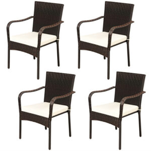 Set of 4 Patio Rattan Stackable Dining Chair with Cushioned Armrest for Garden - Color: Light Brown