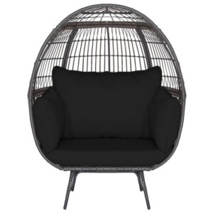 Oversized Indoor Wicker Egg Chair with Sturdy Metal Frame for Patio-Black - Color: Black
