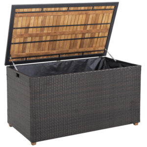 134 Gallon Rattan Storage Box with Zippered Liner and Solid Acacia Wood Top - Color: Brown