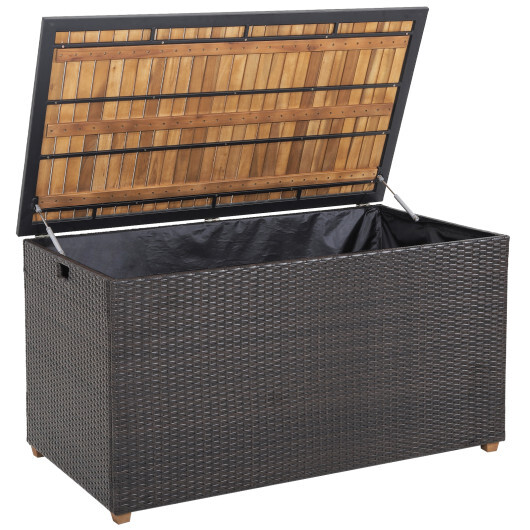 134 Gallon Rattan Storage Box with Zippered Liner and Solid Acacia Wood Top - Color: Brown