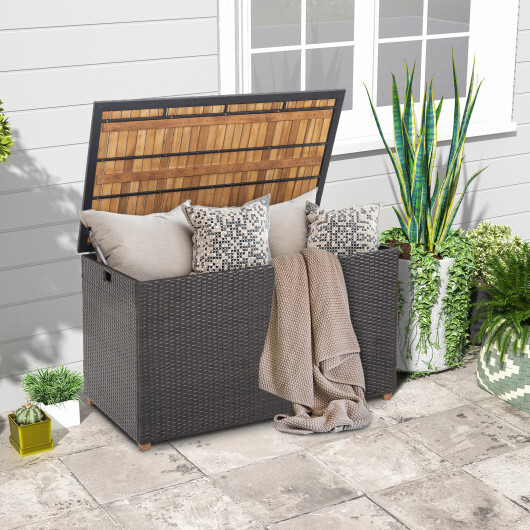 134 Gallon Rattan Storage Box with Zippered Liner and Solid Acacia Wood Top - Color: Brown - Image 3