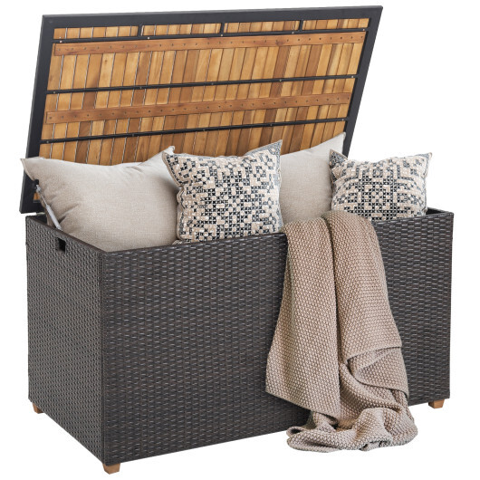 134 Gallon Rattan Storage Box with Zippered Liner and Solid Acacia Wood Top - Color: Brown - Image 4