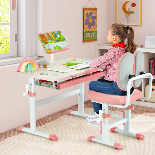 Height-Adjustable Kid's Study Desk and Chair Set-Pink - Color: Pink - Image 3