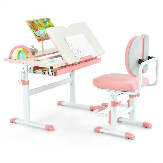 Height-Adjustable Kid's Study Desk and Chair Set-Pink - Color: Pink - Image 4
