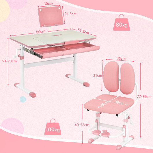 Height-Adjustable Kid's Study Desk and Chair Set-Pink - Color: Pink - Image 5