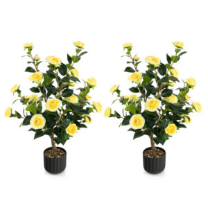 38 Inch Artificial Camellia Tree Faux Flower Plant in Cement Pot 2 Pack-Yellow - Color: Yellow