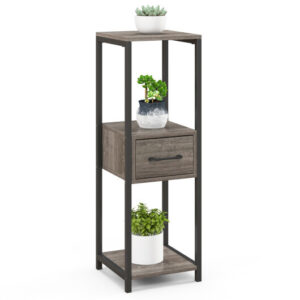 3 Tier Tall Metal Plant Stand with Drawer for Balcony Office-Gray - Color: Gray - Size: 3-Tier