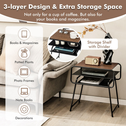 3-tier Compact Side End Table with Storage Shelf-Coffee - Color: Coffee - Image 3