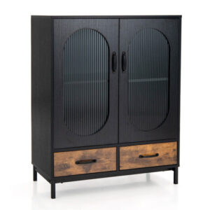 Kitchen Industrial Buffet Sideboard with Tempered Glass Doors-Black - Color: Black