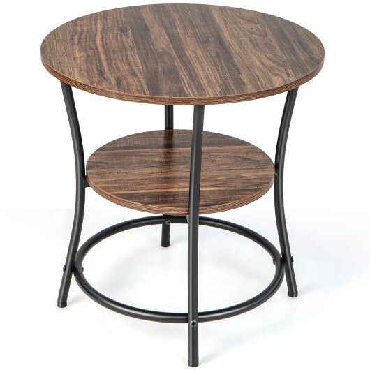 2-Tier Round End Table with Open Storage Shelf and Sturdy Metal Frame-Brown - Color: Brown - Image 4