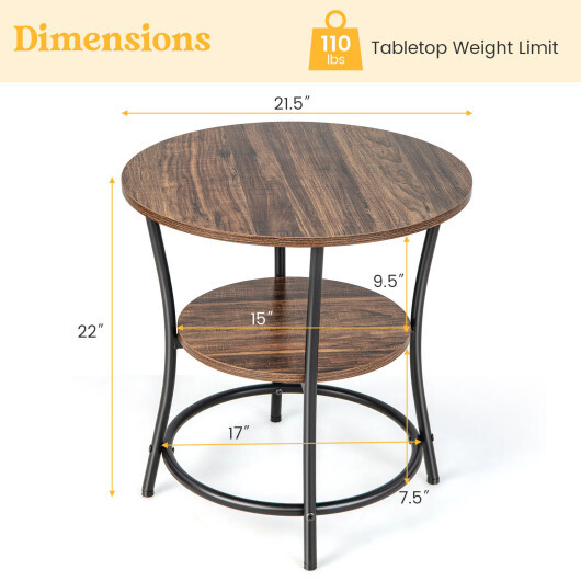 2-Tier Round End Table with Open Storage Shelf and Sturdy Metal Frame-Brown - Color: Brown - Image 5