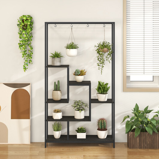 6-Tier Tall Plant Stand 71 Inch Metal Indoor Plant Shelf with 10 Hanging Hooks-Black - Color: Black - Image 2
