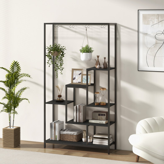 6-Tier Tall Plant Stand 71 Inch Metal Indoor Plant Shelf with 10 Hanging Hooks-Black - Color: Black - Image 3
