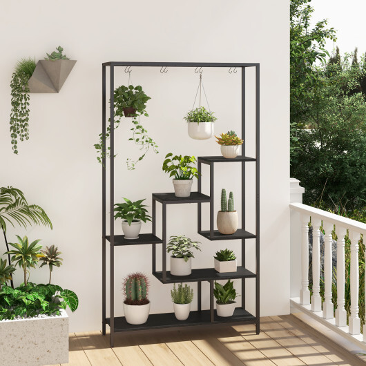 6-Tier Tall Plant Stand 71 Inch Metal Indoor Plant Shelf with 10 Hanging Hooks-Black - Color: Black - Image 5