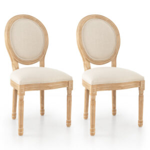 Rubber Wood Kitchen French Dining Chair Set of 2 with Sponge Padding and Round Backrest-Beige - Color: Beige