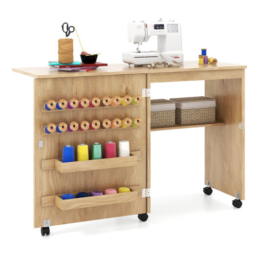 Folding Sewing Table with Storage Shelf and 5 Lockable Wheels-Natural - Color: Natural