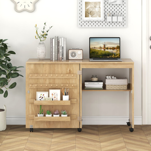 Folding Sewing Table with Storage Shelf and 5 Lockable Wheels-Natural - Color: Natural - Image 3